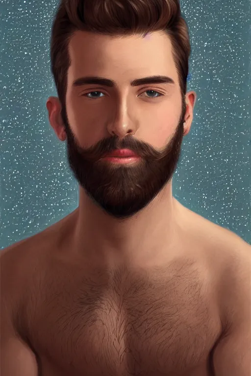 Prompt: very detailed portrait of a very handsome american man in his late twenties, oval shaped face, very short beard, ( ( deep hazel eyes ) ), strong round!!! rosey nose, nice color scheme, by wlop and tyler oulton, detailed eyes, reading a book. starry background, trending, on artstation.