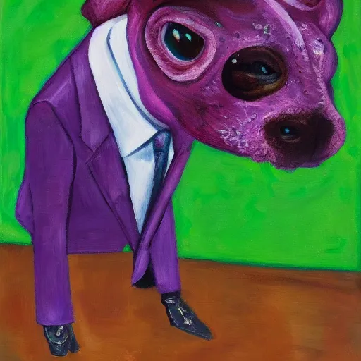 Image similar to Portrait of a psychotic crossbreed between a rabid dog and a toad, in a purple suit, oil painting