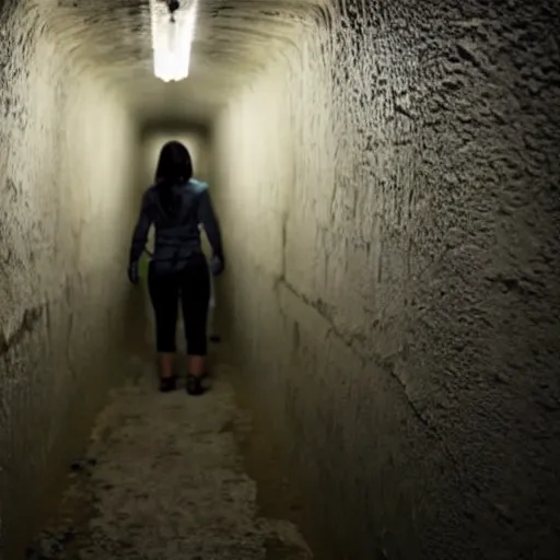 Image similar to woman explores sterile tunnels, fear and dark misery, future, cinematic