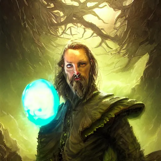 Prompt: portrait dangerous dave, sorcerer of the northern winds wearing a leather doublet brandishing a glowing green orb whilst standing on a cliff Jean Sebastien Rossbach jana schirmer jeff simpson greg staples