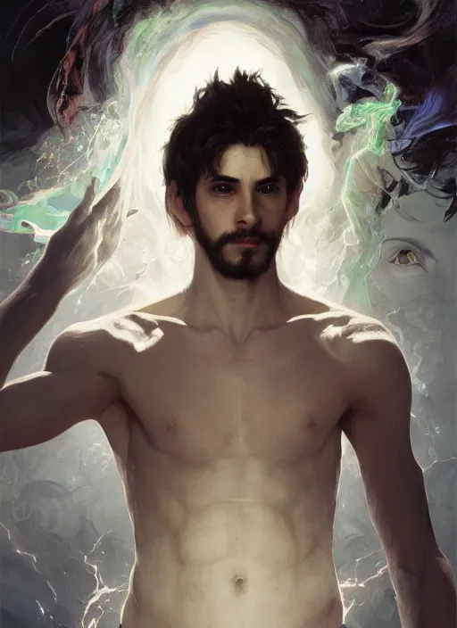 Prompt: character concept portrait of an attractive young Spanish wizard with white skin conjuring a flood spell, a floating iridescent spell book in the center, intricate, elegant, digital painting, concept art, smooth, sharp focus, illustration, from Metal Gear, by Ruan Jia and Mandy Jurgens and William-Adolphe Bouguereau, Artgerm