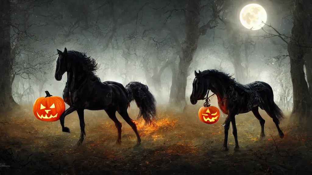 Image similar to rampant black horse with fiery eyes a headless colonial rider holds a jack - o - lantern, background gnarled trees and supermoon, in the styles of greg rutkowski, keith parkinson, and john quidor, intricate, detailed, volumetric lighting