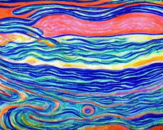 Image similar to Ocean waves in a psychedelic dream world. DMT. Landscape painting by Edvard Munch.