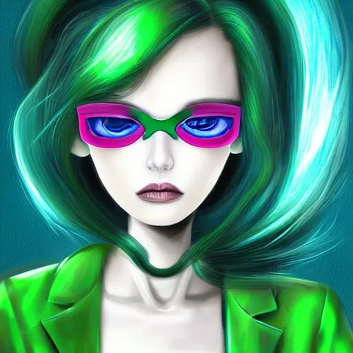 Image similar to a beautiful cyclops girl with green hair wearing a labcoat, digital art