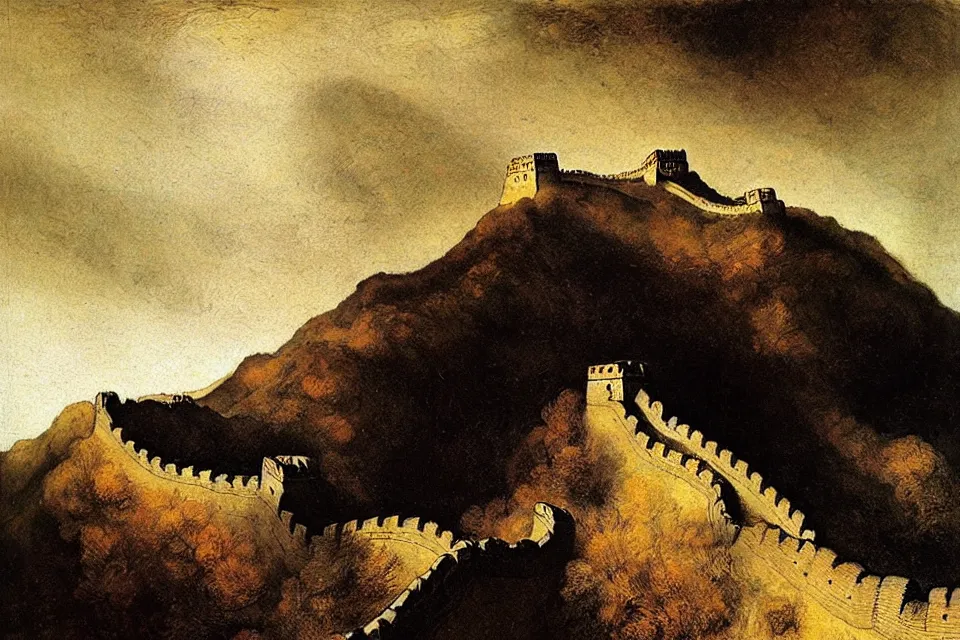 Prompt: the great wall, rembrandt.