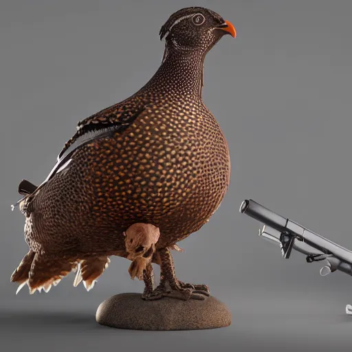 Image similar to a 3 d model of a grouse holding a blunderbuss, studio lighting, octane render, hyper detailed, product photography, 8 k, highly detailed