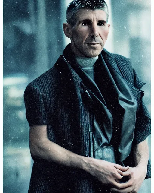 Image similar to an award winning portrait photograph of Deckard from Bladerunner dressed in Balenciaga