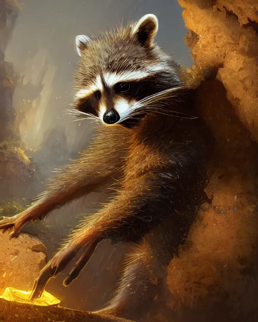 Image similar to oil painting of poor anthropomorphized raccoon mining gold, close shot, full body, dark steampunk mine shaft background, sharp focus, fantasy style, octane render, volumetric lighting, 8k high definition, by greg rutkowski, highly detailed, trending on art Station, dungeons and dragons artwork, centered