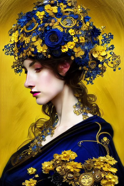 Image similar to beautiful black blue yellow, complicated gold and blue flowers in baroque style headwears, dark fantasy, intricate, elegant, highly detailed, digital painting, artstation, concept art, matte, 3 d 8 k octane rendered, sharp focus, illustration, octane rendered, art by artgerm and alphonse mucha, leesha hannigan