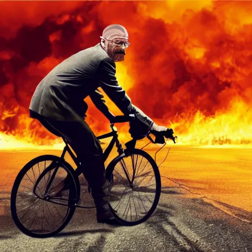 Prompt: photo of walter white riding a bike with an exploding car behind him, color, cinematic lighting