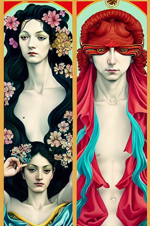 Prompt: 3 Summer Deities, (one representing each month of June, July, and August), in a style blending Æon Flux, Peter Chung, Shepard Fairey, Botticelli, Ivan Bolivian, and John Singer Sargent, inspired by pre-raphaelite paintings, shoujo manga, and cool Japanese street fashion, dramatically contrasting warm and vivid colors, hyper detailed, super fine inking lines, ethereal atmosphere, sfumato, 4K extremely photorealistic, Arnold render