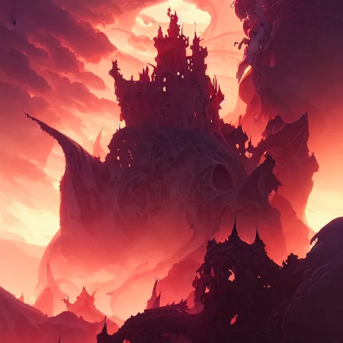 Prompt: style artgerm, joshua middleton, jesper ejsing, twisted castle in hell, very long wirey spires, fire swirling, detailed, cave setting, volumetric lighting