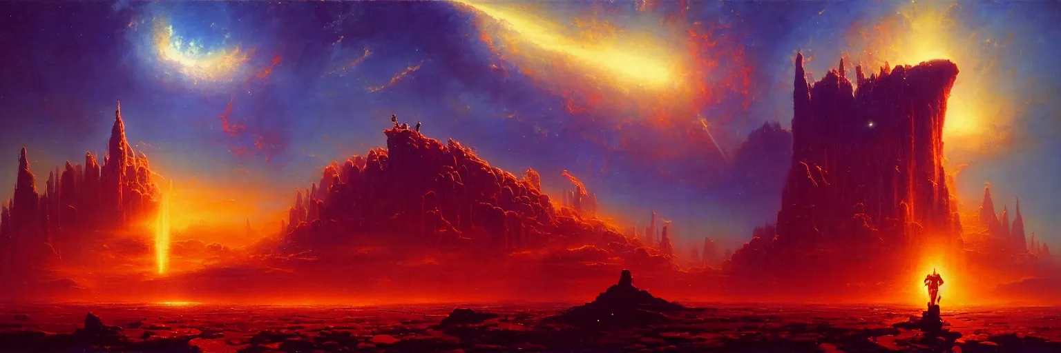 Image similar to the epic colossal journey of a hero, by Bruce Pennington, by Paul Lehr, masterpiece, oil on canvas, trending on artstation, top on pixiv, cinematic composition, dramatic scene, beautiful lighting, sharp, high details, astrophotography, no frames, 8K