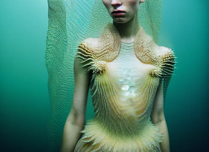 Image similar to kodak portra 4 0 0 photo portrait of a beautiful sirens floating in a crystal tank in style of tim walker, amphibian skin dress intricate detailed scales, 5 0 mm lens, f 2. 4, elegant, highly detailed, sharp focus, ethereal, out worldly colours, emotionally evoking, head in focus, soft blur light dreamy underwater, volumetric lighting, epic fantasy