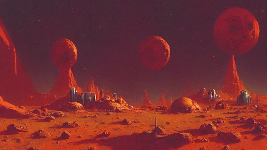 Image similar to mars colony by paul lehr and john schoenherr, cinematic matte painting