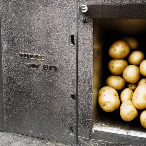 Prompt: an open bank vault with potato's pouring out of it