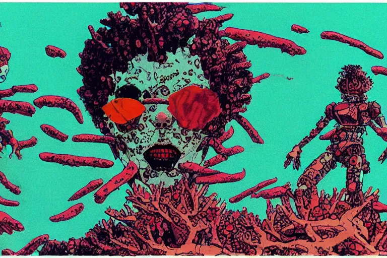 Image similar to risograph grainy drawing vintage sci - fi, satoshi kon color palette, gigantic gundam full - body covered in dead coral reef, 1 9 8 0, kodachrome, painting by moebius and satoshi kon and dirk dzimirsky close - up portrait