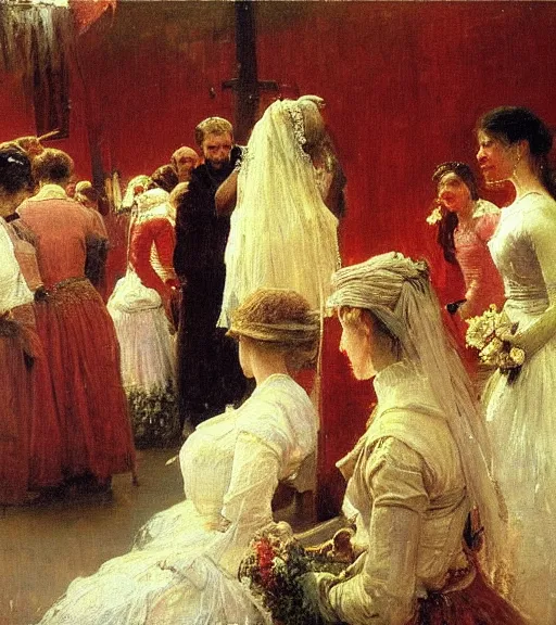 Prompt: high quality high detail painting by ilya repin, brides in a blood flooded house, hd