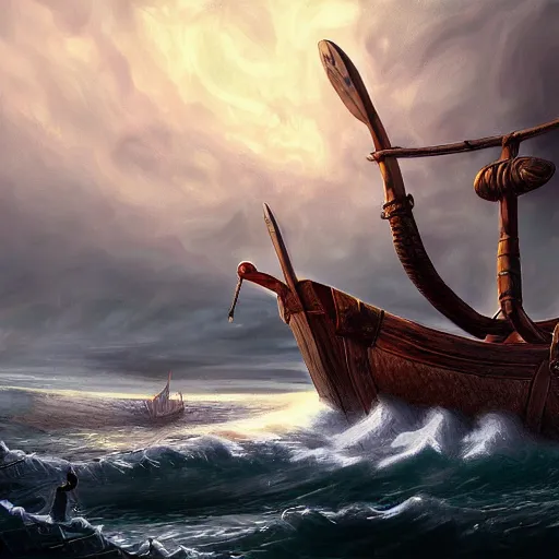 Image similar to viking ship, centered in picture, daytime, epic fantasy, detailed, intricate, digital painting, concept art, realistic, smooth, focus, rim light