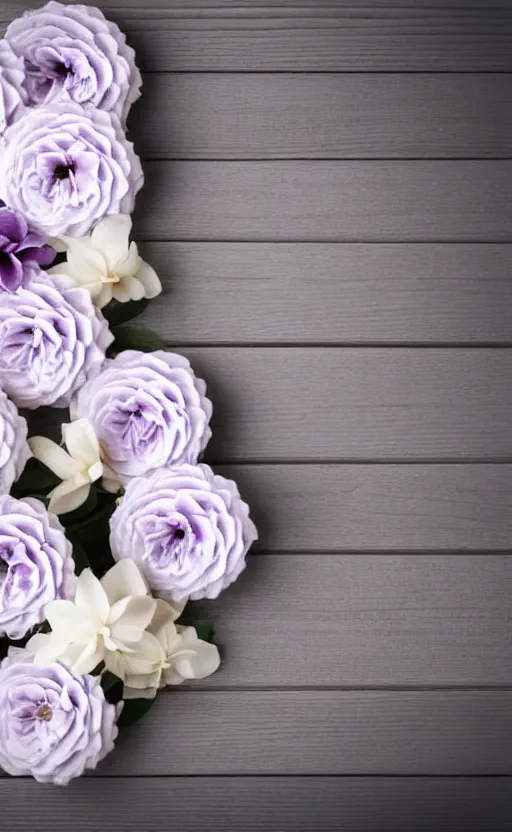 Prompt: clean soft backdrop, soft eye catching pale purple flowers on pale gray rustic boards, background, backdrop for infant obituary