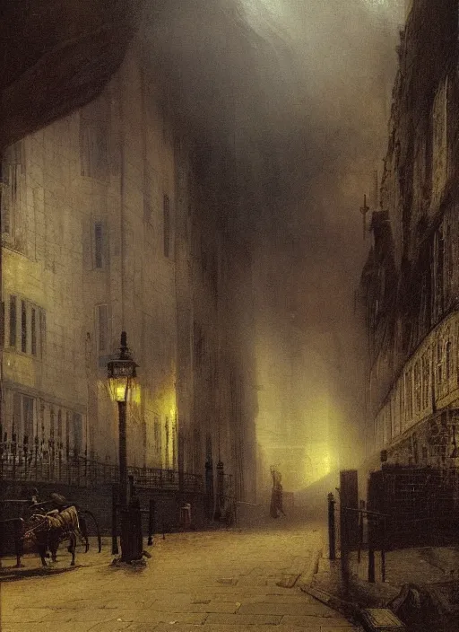 Prompt: 1 9 th century london, shady alleys, pub, thick fog, coherent composition art by caspar david friedrich, thomas lawrence, john martin