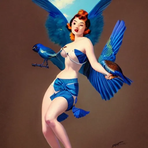 Prompt: hyper realistic painting, tasteful pinup girl holding an indigo bunting, bird, the bird is wearing a bowtie, by greg rutkowski, highly detailed, digital illustration, rossdraws, gil elvgren, enoch bolles, anime, porcelain skin, very coherent