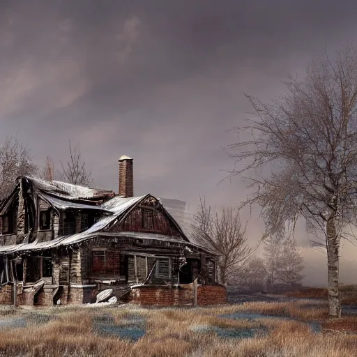 Image similar to a distorted post-apocalyptic landscape with a singular iron-made 10-foor house near the frozen lake hd 8k photo