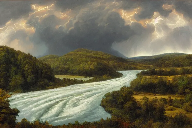 Image similar to two rivers converge to form one larger river, appalachian mixed mesophytic forest, roiling thunderstorm sky background, by Cortes Thurman the greatest Barbizon artist ever known and by Joe Jusko, rendered in hyperdetailed Ultra HD, trending on ArtStation, luminous