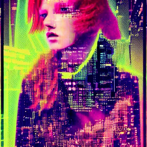 Image similar to redhead female cyberpunk, vhs video glitches and tape stress, digital glitches, glitchcore glitchart grime