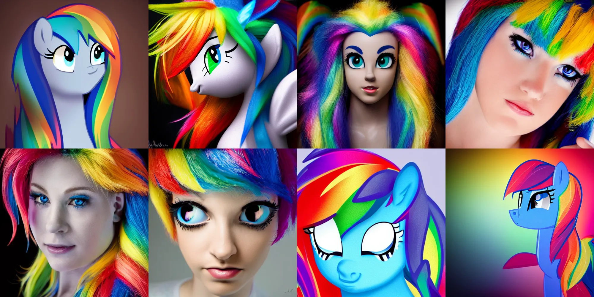 Prompt: a beautiful closeup shot of rainbow dash as a real person, beautiful rembrandt light, studio photography