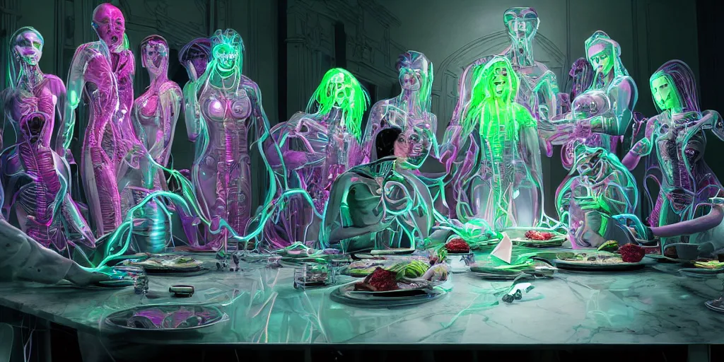 Prompt: !13 diverse aliens on !one_side of a !marble table, eating luxurios food !!posing_as_last_supper cinematic lighting, their clothes are high tech suits, intricate cables adorne their bodies and heads, neon, detailed implants, satin, crystal, liquid, surreal, floating, !!highly detalied, 8k, artstation, by Rolf Armstrong