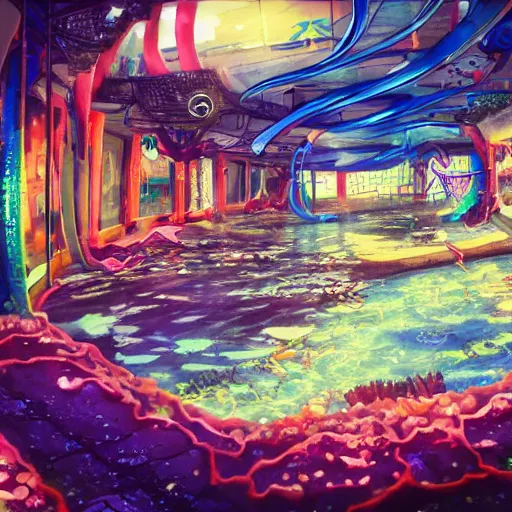 Prompt: painted anime background of an underwater mall in the slums built from various coral seashells and being reclaimed by nature, seaweed, light diffraction, litter, steampunk, cyberpunk, caustics, anime, vhs distortion, inspired by splatoon by nintendo, art created by miyazaki