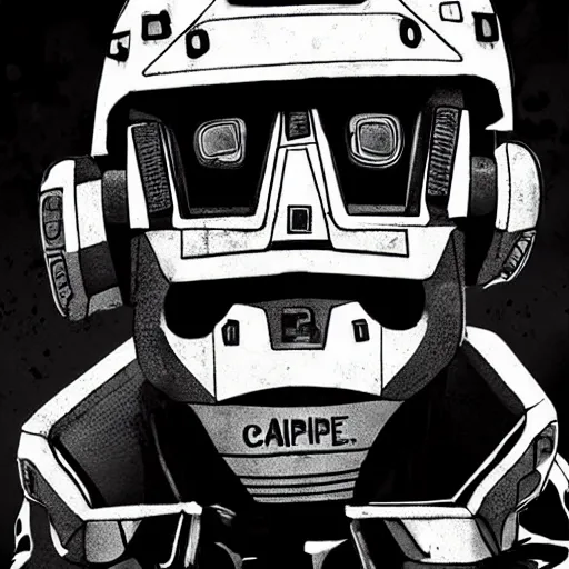 Image similar to chappie, back and white, zef design graffiti in the background, dark lighting, digital art