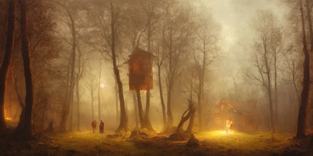 Image similar to an old house with red light on from the windows during the night in a forest, a men stand up in front of the house, mystical fog, oil on canvas, art by andreas achenbach, clemens ascher, tom bagshaw and sabbas apterus,