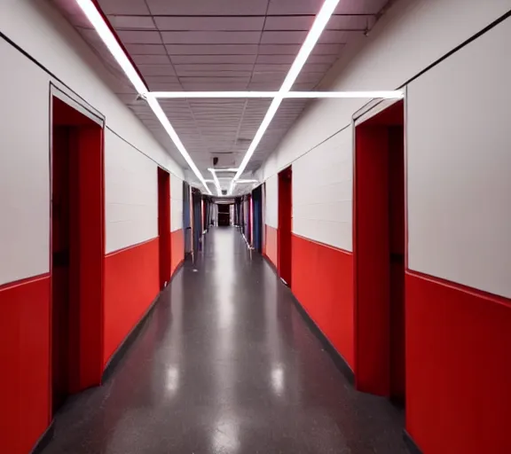 Image similar to spooky photo of an infinite hallway with open lit doorways all the way down, dramatic lighting, smoke, ceiling fluorescent lighting, black and red colour palette