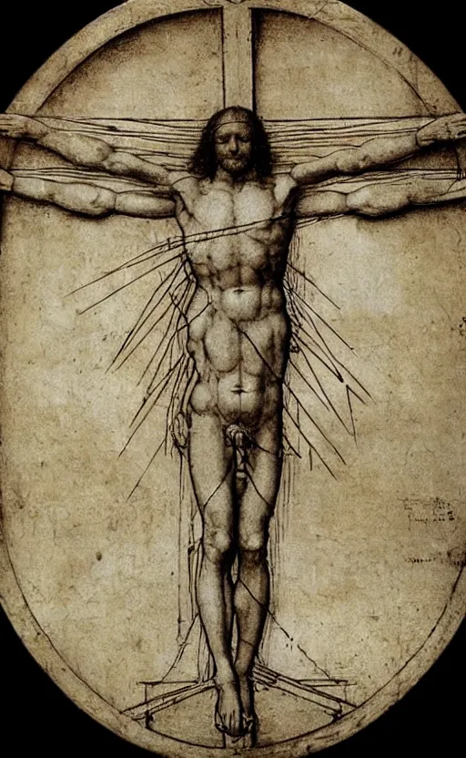 Prompt: Leonardo da Vinci\'s Vitruvian Man crucified on a cross