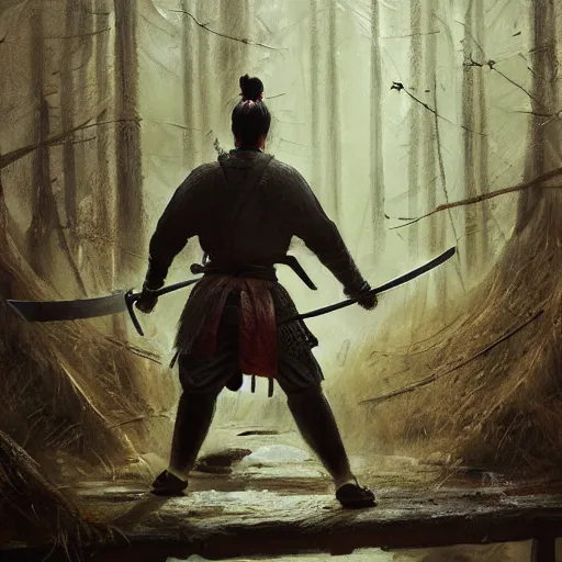 Image similar to samurai warrior wielding a sword, forest, standing on a bridge, by seb mckinnon, high detail, dramatic light, digital art, painted by greg rutkowski, promotional movie posterart, trending on artstation