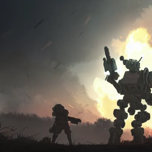 Image similar to a mech with guns on each arm preparing for combat, battlefield, dead trees, fire, smoke, dark clouds, slightly sunny, ominous, intense, epic, extremely detailed, cinematic lighting, studio ghibli, anime,