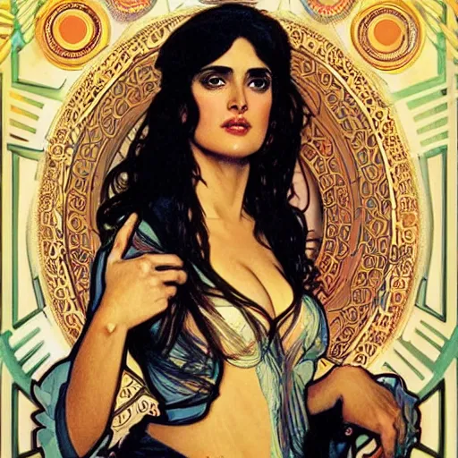 Prompt: salma hayek in a cyberpunk city bar by alphonse mucha, perfect proportions, beautiful face, perfect eyes, real life colors, elegant, sharp focus, hyper - realistic, 4 k, highly detailed, hd, dramatic lighting by brom