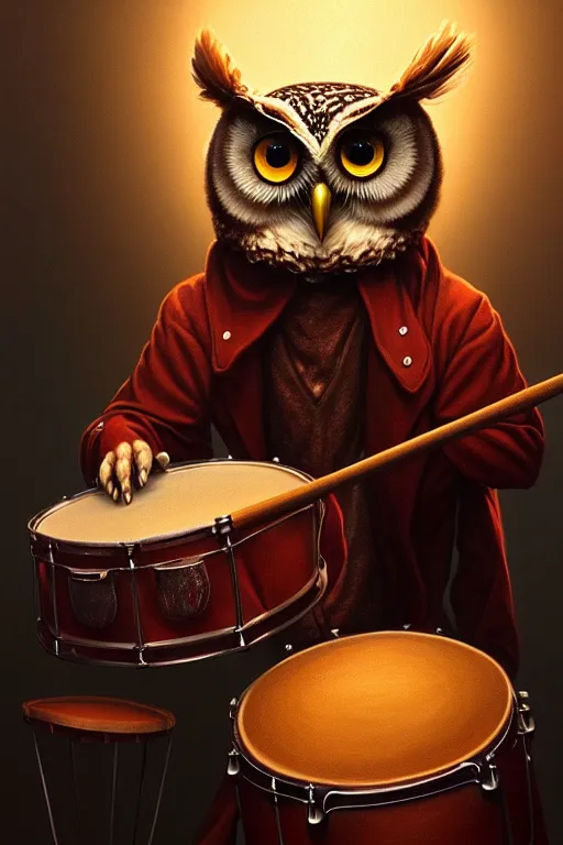 Prompt: portrait of an anthropomorphic owl playing the drums, dramatic lighting, highly detailed, digital painting, artstation, concept art, smooth, sharp focus, illustration, art by wlop, mars ravelo and greg rutkowski