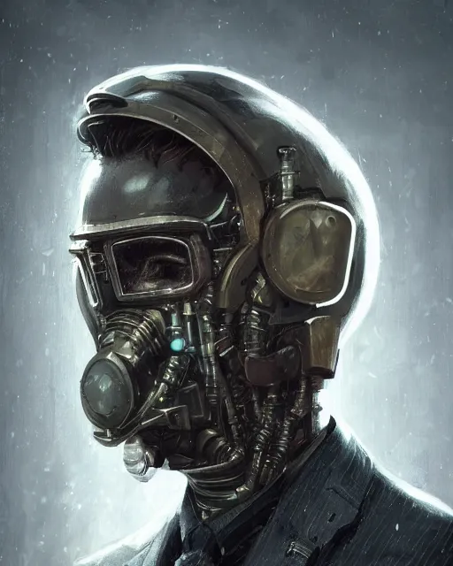 Image similar to a rugged young engineer man with cybernetic enhancements wearing a suit and bowtie, detailed mask, scifi character portrait by greg rutkowski, esuthio, craig mullins, 1 / 4 headshot, cinematic lighting, dystopian scifi gear, gloomy, profile picture, mechanical, half robot, implants, steampunk