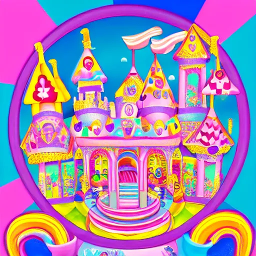 Prompt: candyland castle symmetry by lisa frank