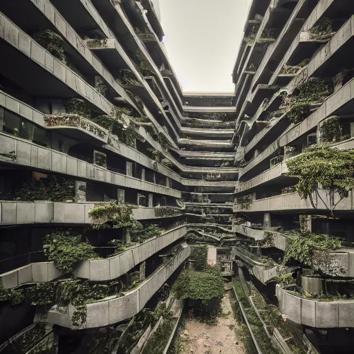 Prompt: of a dystopian city abandoned with debris, nice lighting, building full of plants, futurism, mc Escher, photography, architecture, 8k, detailed