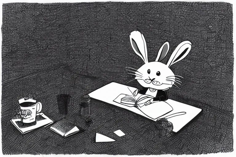 Image similar to a cute fluffy rabbit sitting at a desk, pop surrealism art style, rubberhose animation character style, intricate, toon render, black ink on white paper