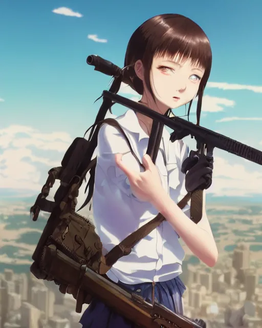 Prompt: insanely detailed. by wlop, ilya kuvshinov, makoto shinkai, greg rutkowski, sakimichan. zbrush sculpt, octane, maya, houdini, vfx. closeup gorgeous attractive young cg anime teen kid schoolgirl, holding a rifle, near utility poles at middle east, in luxury advertisement. cinematic dramatic atmosphere, sharp focus, volumetric lighting