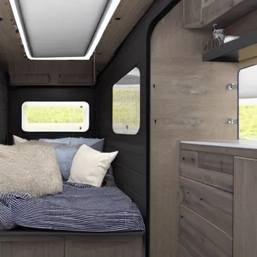 Prompt: futuristic van conversion interior