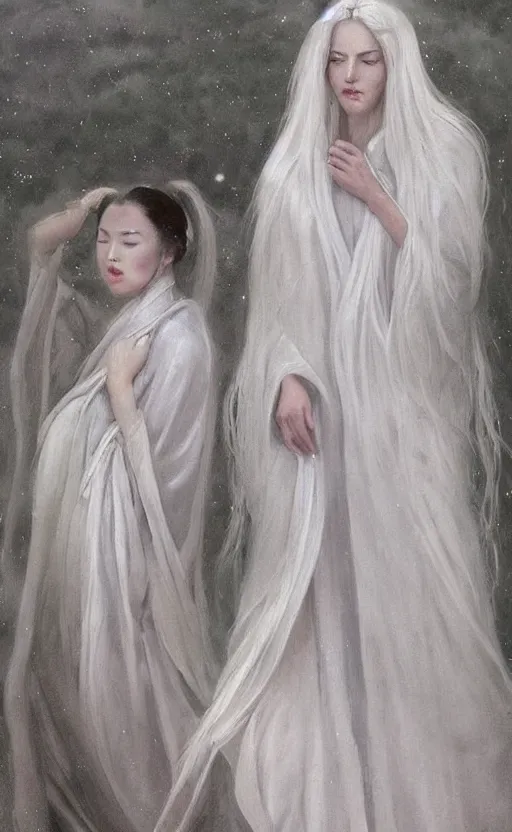 Image similar to angelic beauty with silver hair so pale and wan! and thin!?, flowing robes, covered in robes, lone pale wan asian goddess, wearing robes of silver, flowing, pale skin, young cute face, covered!!, clothed!! style of lucien levy - dhurmer and jean deville, oil on canvas, 4 k resolution, aesthetic!, mystery