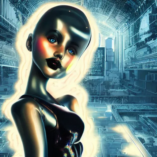 Image similar to Ultrarealist aesthetic detailed face portrait of a dollpunk wearing Abstract tech bodysuit, in front of a ruined city, epic exquisite character art, focus, looking at camera, accurate symmetric features proportions, golden ratio, ultra intricate details, award winning, unreal render