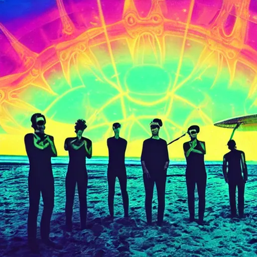 Image similar to an evil surf rock band from 1963 playing a gig on the beach under a psychedelic neon fractal sky