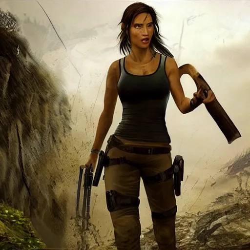 Image similar to film scene lara croft emerges from the river water, her face is covered with mud, part of the body is still in the river, it looks sweaty, hd